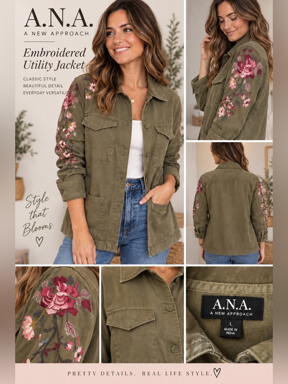 a.n.a Women’s L Olive Floral Embroidered Utility Military Jacket Cottagecore